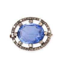 AN ANTIQUE SAPPHIRE AND DIAMOND BROOCH in yellow gold and silver, set with an oval cut sapphire o...