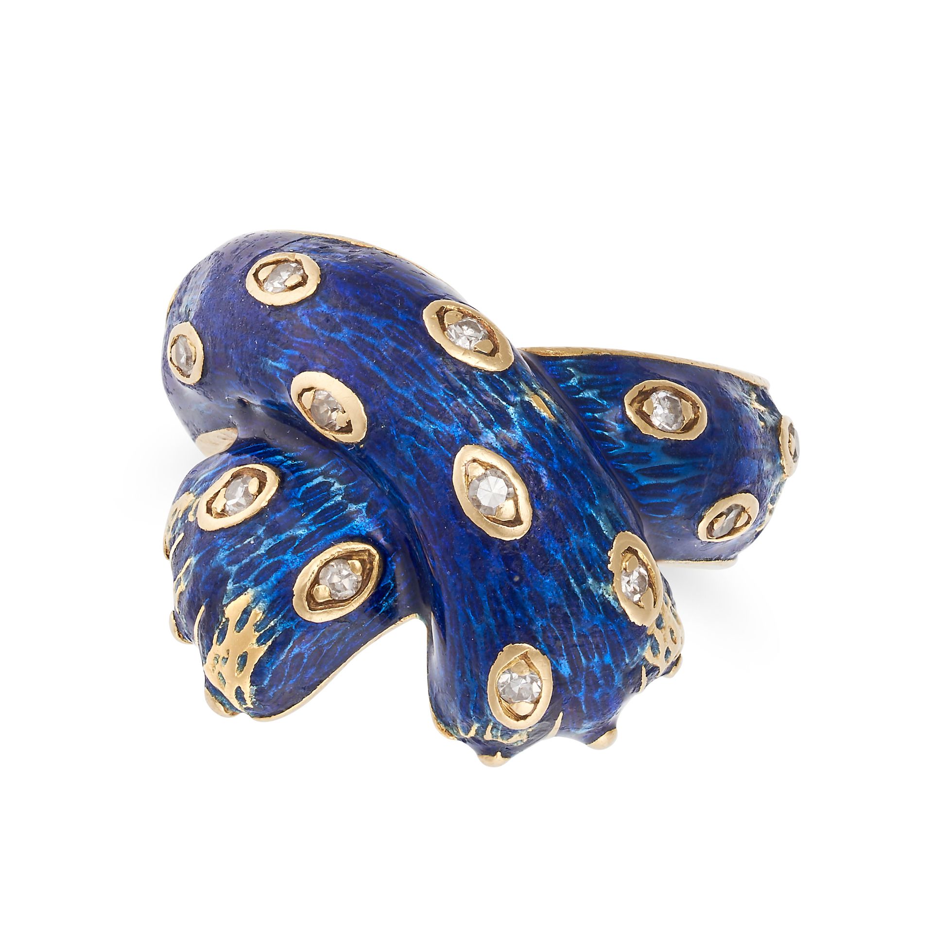 KUTCHINSKY, A VINTAGE ENAMEL AND DIAMOND PAW RING in 18ct yellow gold, designed as a pair of cros...