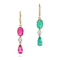 A MISMATCHED PAIR OF PINK TOURMALINE, DIAMOND AND EMERALD EARRINGS in 14ct yellow gold, one set w...