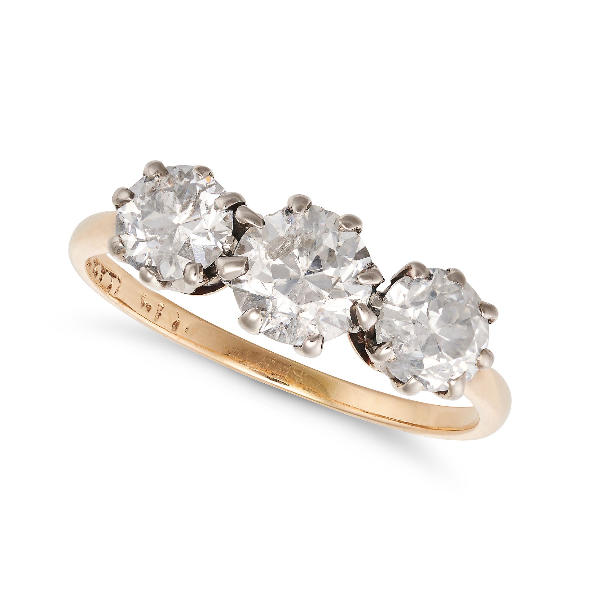 A DIAMOND THREE STONE RING in 18ct yellow gold, set with three old European cut diamonds all tota...