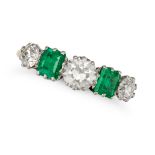 AN EMERALD AND DIAMOND FIVE STONE RING in 18ct yellow gold and platinum, set with three old Europ...