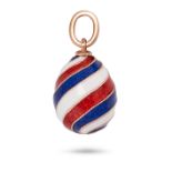 AN ENAMEL EGG CHARM / PENDANT in 56 zolotnik gold, decorated with red, white and blue enamel in a...