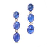 A PAIR OF TANZANITE AND DIAMOND DROP EARRINGS in 14ct yellow gold, comprising a row of oval caboc...