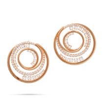 A PAIR OF DIAMOND EARRINGS in 18ct rose gold, each designed as a swirl set with rows of round bri...