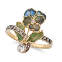 A PLIQUE A JOUR ENAMEL AND DIAMOND PANSY RING in yellow gold, designed as a pansy decorated with ...