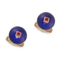 A PAIR OF RUBY AND ENAMEL CUFFLINKS in 18ct yellow gold, the domed faces relieved in blue enamel ...