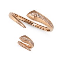 A DIAMOND SNAKE BANGLE AND RING SET in 18ct rose gold, the open cuff hinged bangle set with round...
