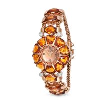 LUCIEN PICARD - A LUCIEN PICARD CITRINE AND DIAMOND COCKTAIL WATCH in 14ct rose gold, 17 jewel ma...