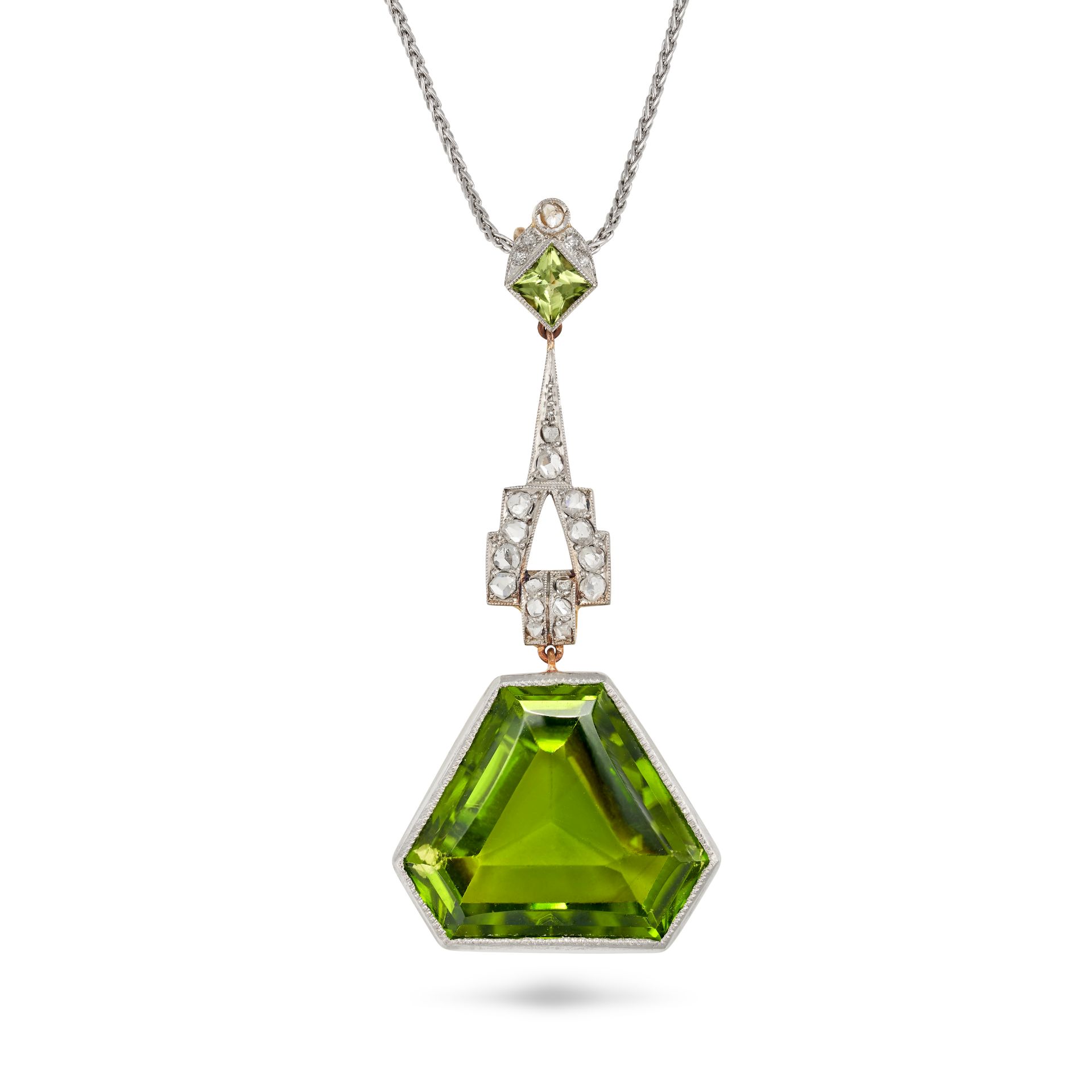 A PERIDOT AND DIAMOND PENDANT NECKLACE in yellow gold and platinum, the pendant comprising a squa...