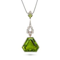 A PERIDOT AND DIAMOND PENDANT NECKLACE in yellow gold and platinum, the pendant comprising a squa...