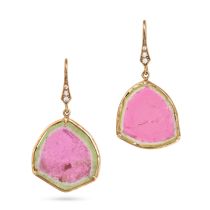 A PAIR OF WATERMELON TOURMALINE AND DIAMOND DROP EARRINGS in yellow gold, each comprising a row o...