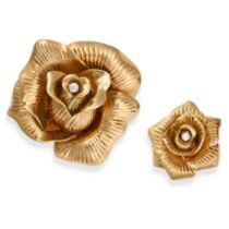 SABBADINI, A PAIR OF DIAMOND ROSE BROOCHES in 18ct yellow gold, each designed as a textured rose ...