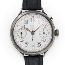 AN EARLY SWISS CHRONOGRAPH WRISTWATCH in silver, the white dial with large Arabic numerals, two s...