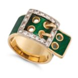 A VINTAGE ENAMEL AND DIAMOND BELT BUCKLE RING in 18ct yellow gold, designed as a belt relieved in...