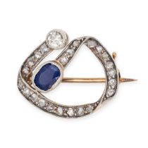 AN ANTIQUE SAPPHIRE AND DIAMOND BROOCH in yellow gold and silver, set with a cushion cut sapphire...