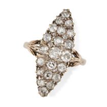 AN ANTIQUE DIAMOND NAVETTE RING in yellow gold, the navette face set throughout with old and rose...