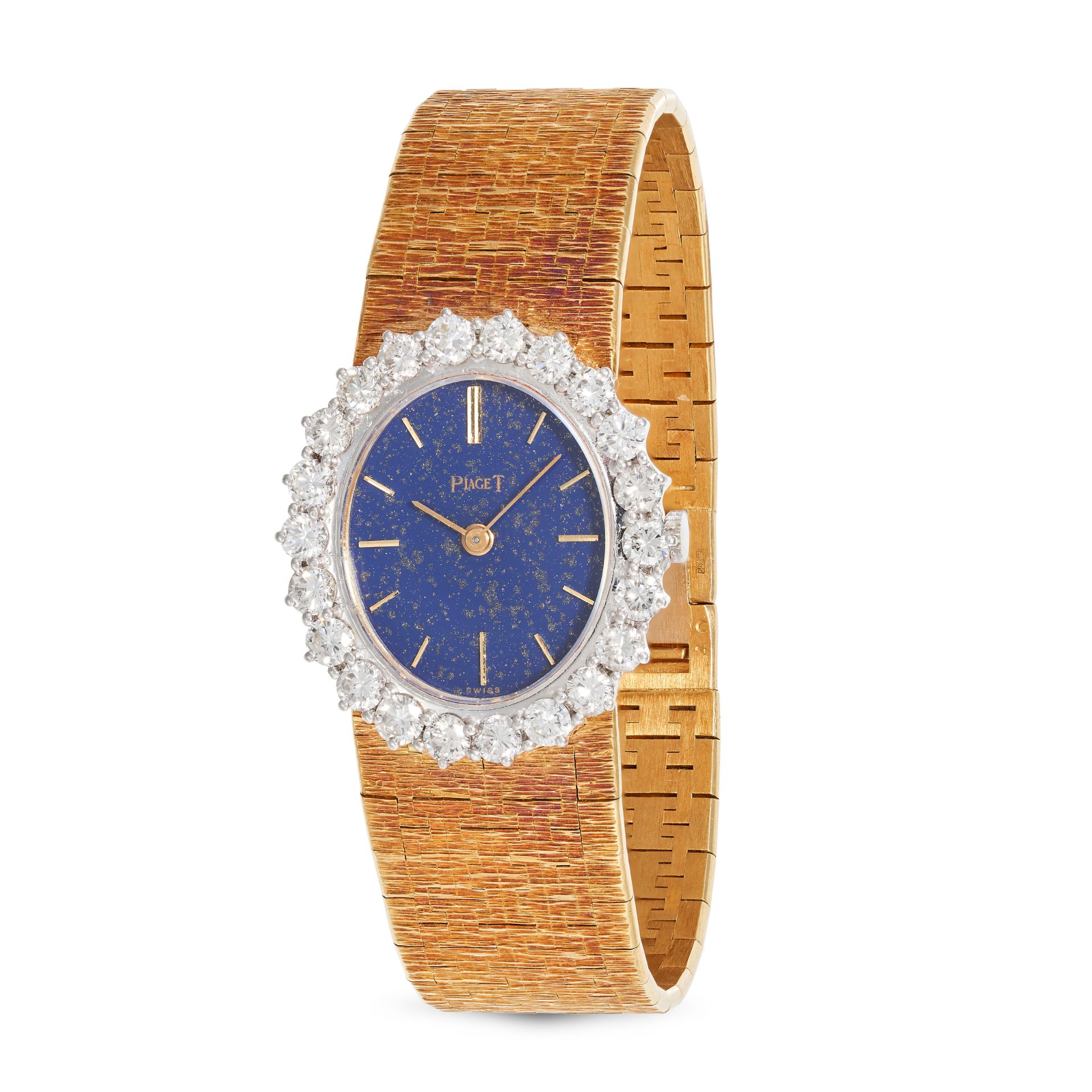 PIAGET - A VINTAGE LADIES PIAGET LAPIS LAZULI AND DIAMOND WRISTWATCH in 18ct gold, 9338, the oval...
