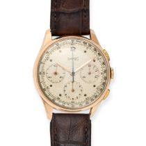 EBERHARD & CO. - A VINTAGE EBERHARD & CO. CHRONOGRAPH WRISTWATCH in 18ct gold, 17 jewel manual wi...