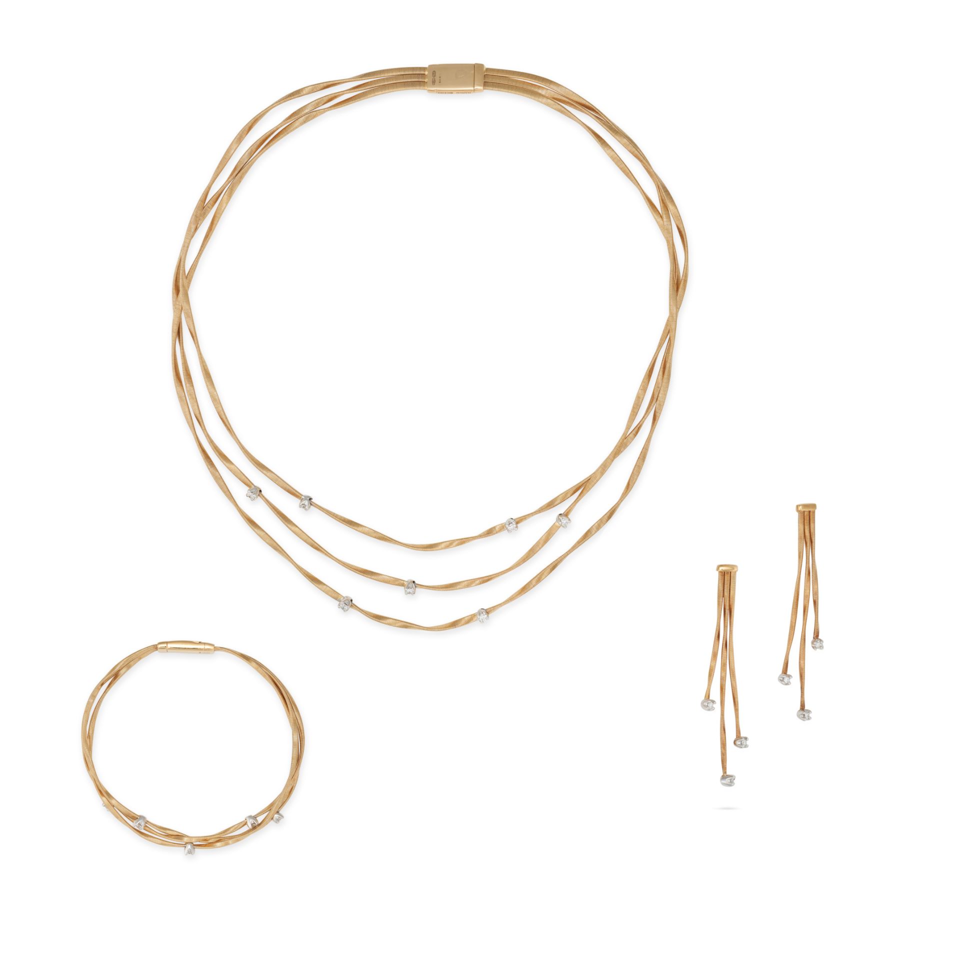 MARCO BICEGO, A DIAMOND MARRAKESH NECKLACE, EARRINGS AND BRACELET SUITE in 18ct yellow gold, the ...