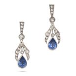 A PAIR OF SAPPHIRE AND DIAMOND DROP EARRINGS in yellow gold and platinum, each comprising a row o...