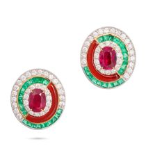 A PAIR OF PIGEON'S BLOOD BURMA NO HEAT RUBY, DIAMOND, EMERALD AND CARNELIAN EARRINGS in 18ct whit...