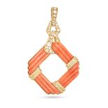 A CORAL AND DIAMOND PENDANT in 18ct yellow gold, set with four sections of fluted coral, accented...