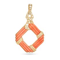 A CORAL AND DIAMOND PENDANT in 18ct yellow gold, set with four sections of fluted coral, accented...