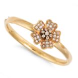 AN ANTIQUE DIAMOND FLOWER BANGLE in 15ct yellow gold, the hinged bangle designed as a flower set ...