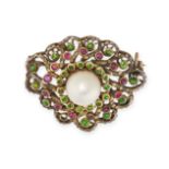 ATTRIBUTED TO KARL ROTHMULLER, AN ANTIQUE NATURAL SALTWATER PEARL, DEMANTOID GARNET AND RUBY BROO...