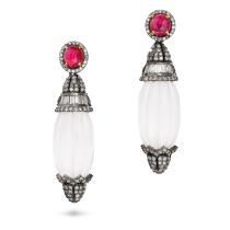 A PAIR OF RUBY, DIAMOND AND CARVED ROCK CRYSTAL DROP EARRINGS in 14ct yellow and white gold, each...