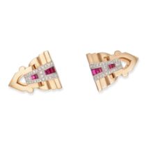 A PAIR OF RETRO SYNTHETIC RUBY AND DIAMOND CLIP BROOCHES in 14ct yellow gold and platinum, the sh...