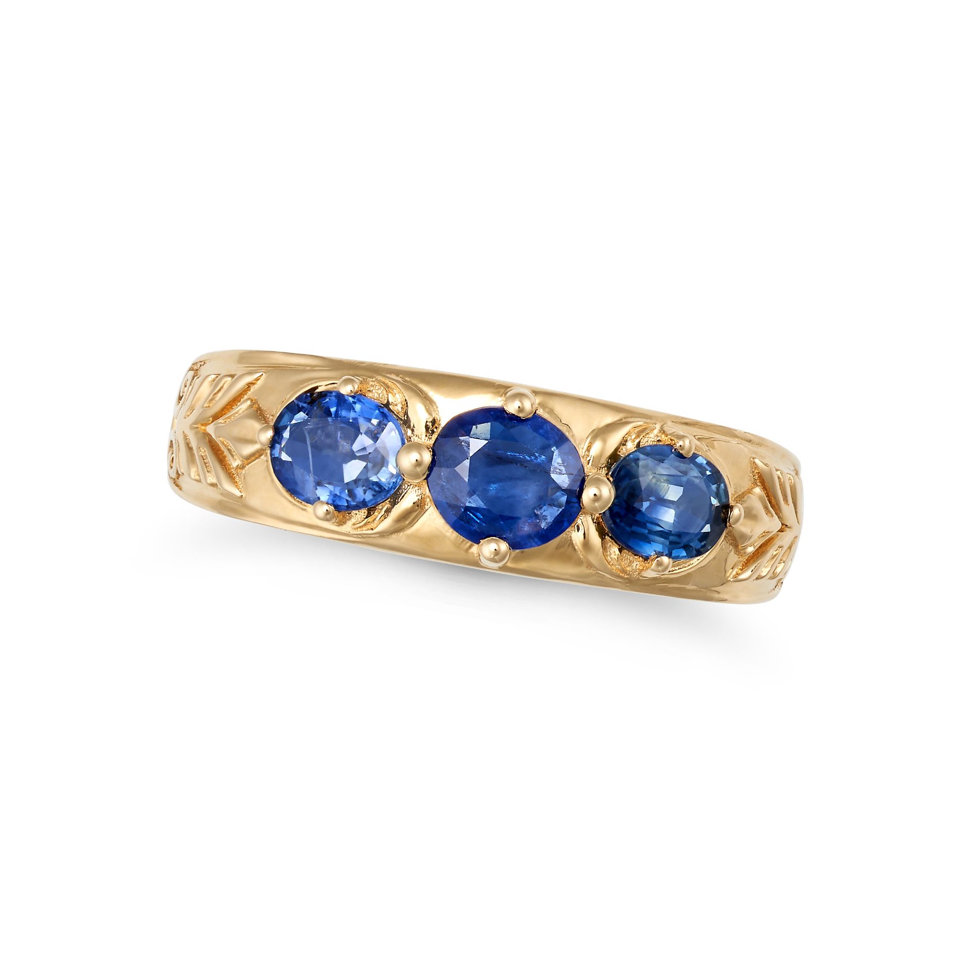 A SAPPHIRE THREE STONE RING in 18ct yellow gold, set with three oval cut sapphires, inscribed S1....