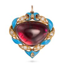 AN ANTIQUE GARNET, DIAMOND AND ENAMEL BROOCH / PENDANT in yellow gold, set with a cabochon garnet...