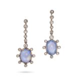 A PAIR OF CEYLON NO HEAT SAPPHIRE AND DIAMOND DROP EARRINGS in 18ct yellow gold and platinum, eac...