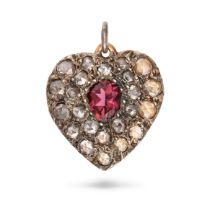 A PINK TOURMALINE AND DIAMOND HEART PENDANT in yellow gold and silver, set with a pear cut pink t...