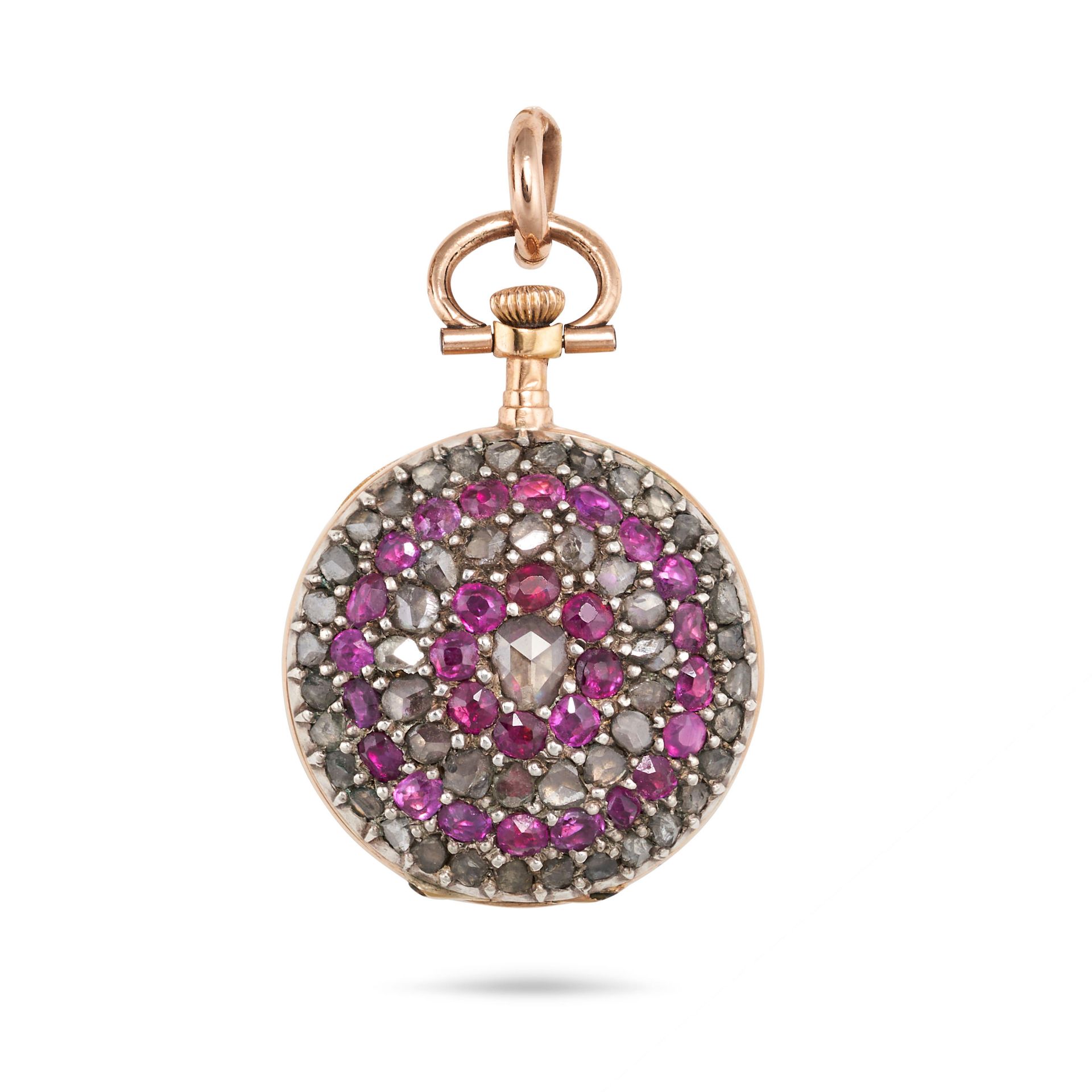 AN ANTIQUE RUBY AND DIAMOND POCKET WATCH in yellow gold and silver, the circular dial with black ...