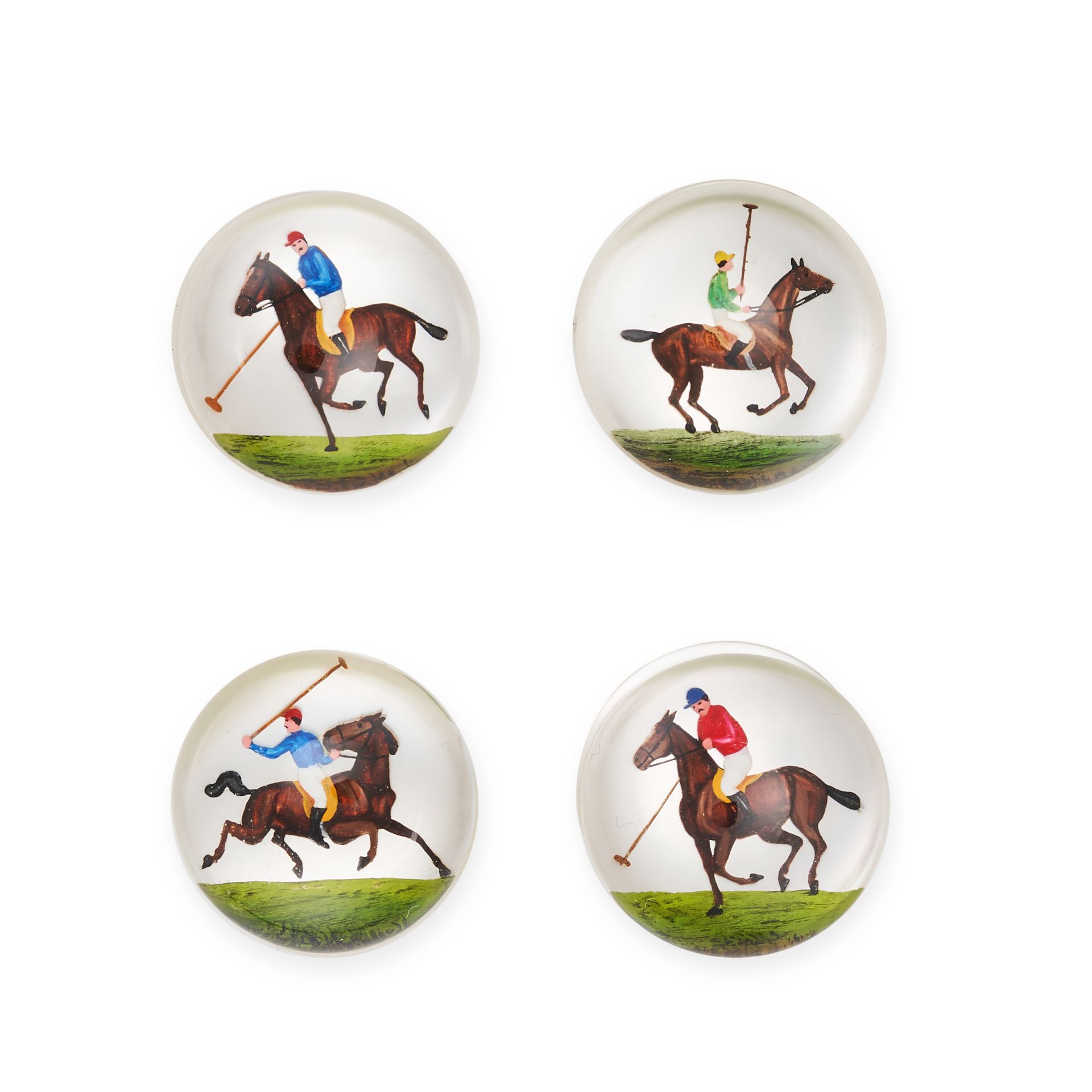 A GROUP OF FOUR UNMOUNTED MOTHER OF PEARL POLO ESSEX CRYSTAL INTAGLIOS carved and painted to depi...