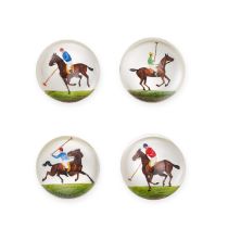 A GROUP OF FOUR UNMOUNTED MOTHER OF PEARL POLO ESSEX CRYSTAL INTAGLIOS carved and painted to depi...