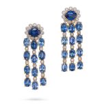 A PAIR OF SAPPHIRE AND DIAMOND CLUSTER DROP EARRINGS in 18ct white and yellow gold, each set with...