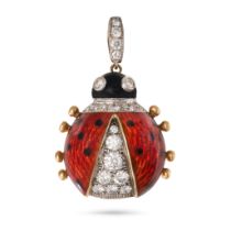 A DIAMOND AND ENAMEL LADYBIRD PENDANT in yellow and white gold, designed as a ladybird decorated ...