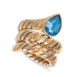 A BLUE TOPAZ DRESS RING in 18ct yellow, white and rose gold, set with a pear cut blue topaz on a ...