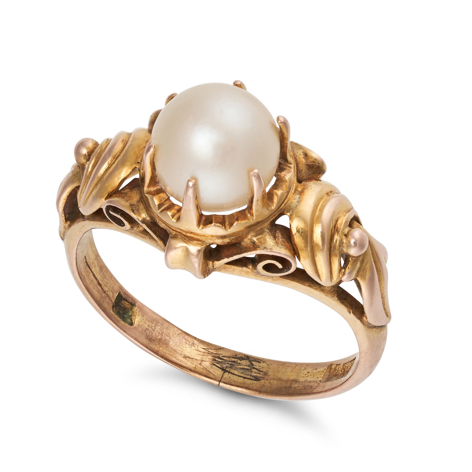 NO RESERVE - A PEARL AND GOLD RING in 14ct yellow gold, the stylised ring set with a pearl of 7.2...