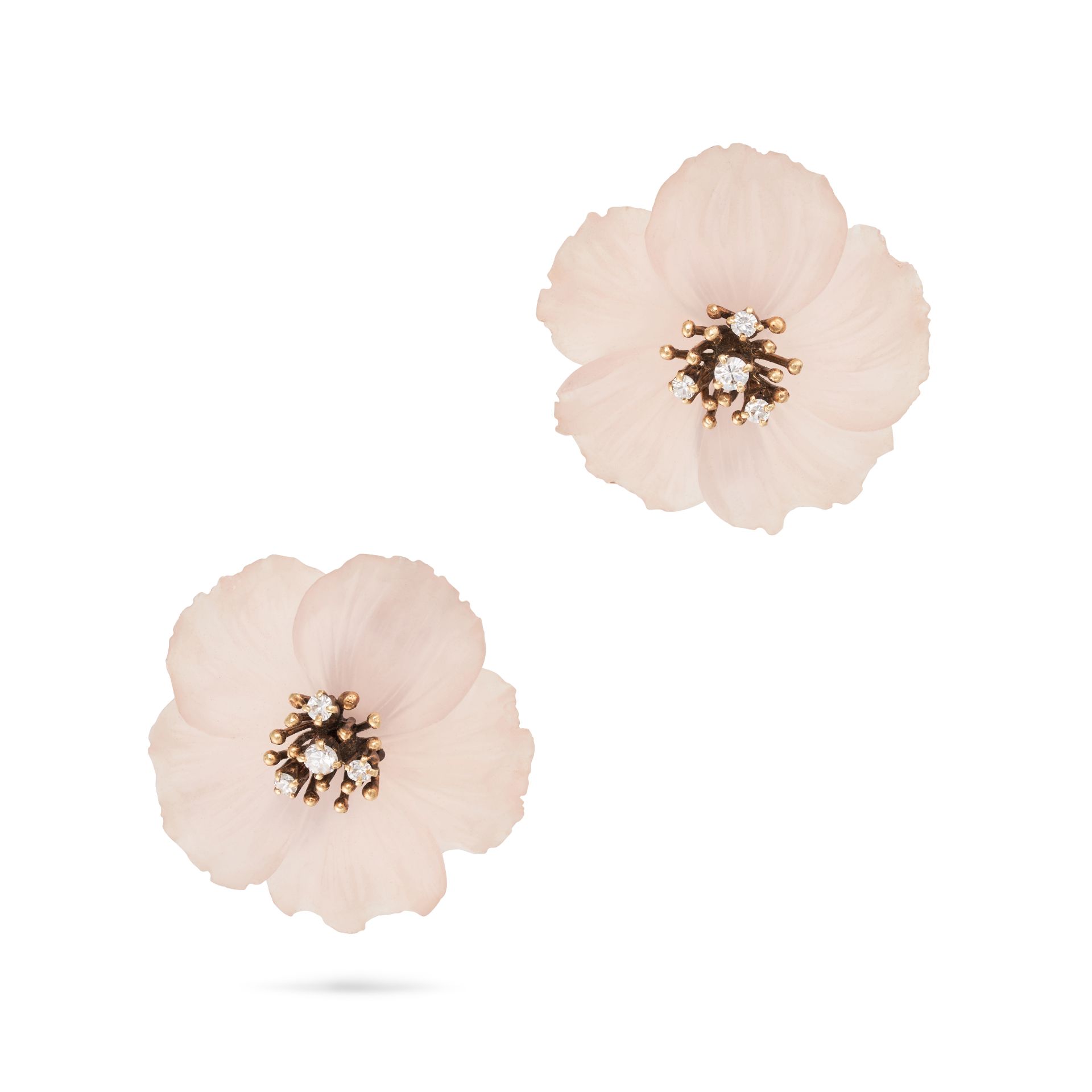 A PAIR OF ROSE QUARTZ AND DIAMOND FLOWER EARRINGS in 14ct yellow gold, each designed as a flower ...