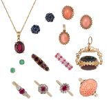 A MIXED LOT OF JEWELLERY in yellow gold, comprising five ruby rings, one coral ring, one pair of ...