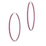 A PAIR OF RUBY HOOP EARRINGS in titanium, each designed as a hoop set with a row of round cut rub...