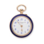 AN ANTIQUE ENAMEL POCKET WATCH in 15ct yellow gold, the white porcelain dial with arabic numerals...