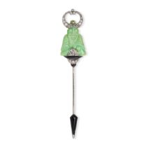 A FRENCH JADEITE JADE, ONYX AND DIAMOND BUDDHA JABOT PIN BROOCH in 18ct white gold, set with a ja...