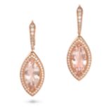 A PAIR OF MORGANITE AND DIAMOND DROP EARRINGS in 18ct rose gold, each comprising a row of round c...
