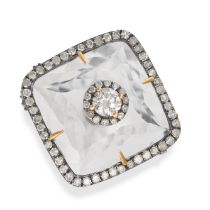 A DIAMOND AND ROCK CRYSTAL RING in 14ct yellow and white gold, comprising a cushion cut rock crys...