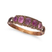 AN ANTIQUE GEORGIAN RUBY RING in yellow gold, set with a row of cushion cut rubies, no assay mark...